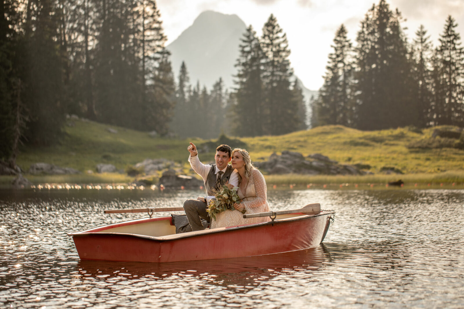 elopement with small boats on mountain lake