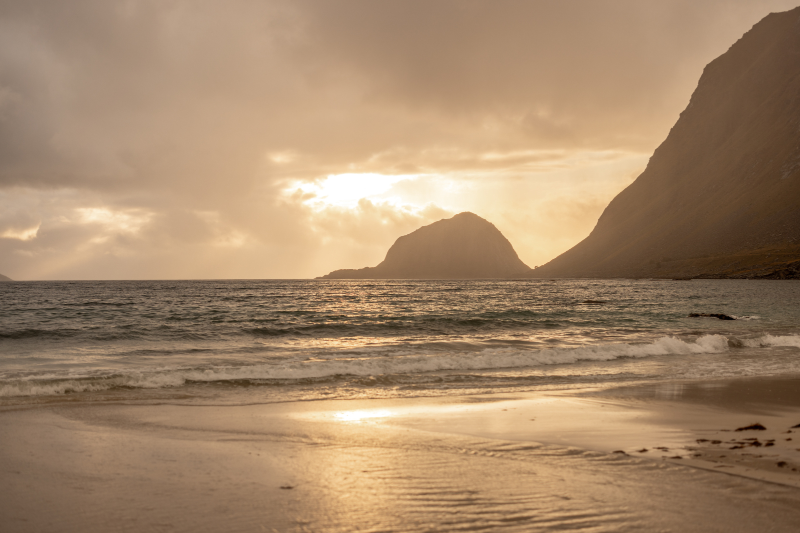 Sunset at the beach on the Lofoten Islands in Norway