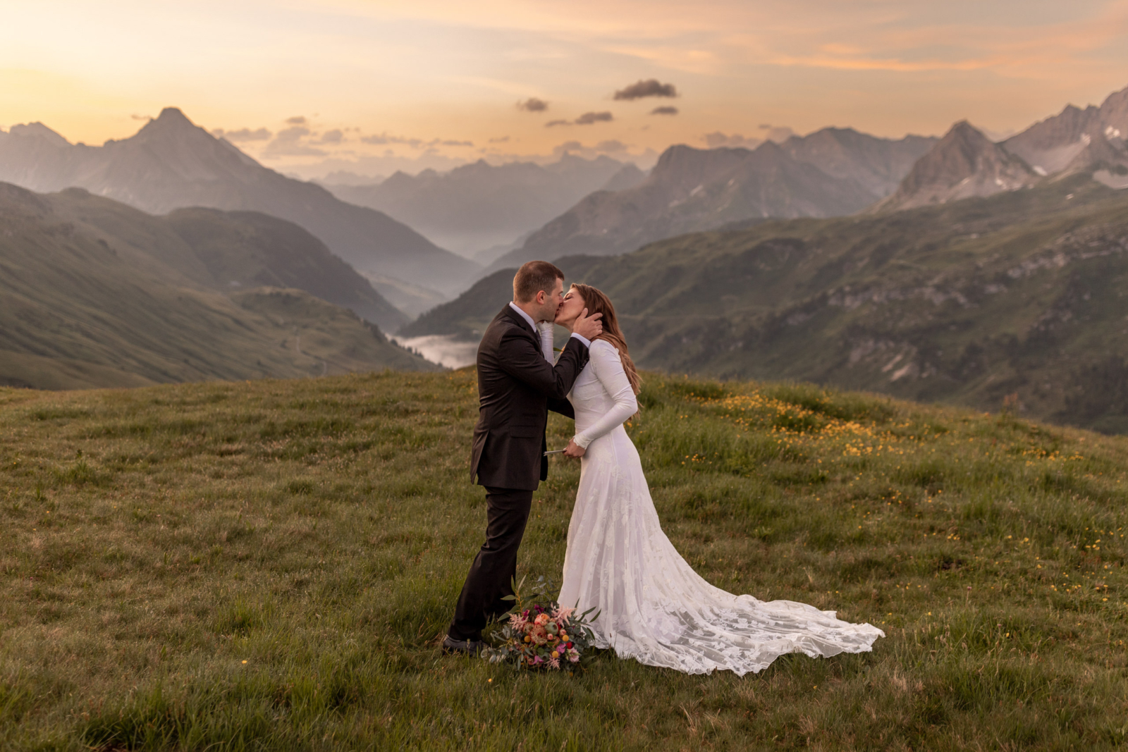 First Kiss at the Summer Solstice Mountain Elopement in Austria