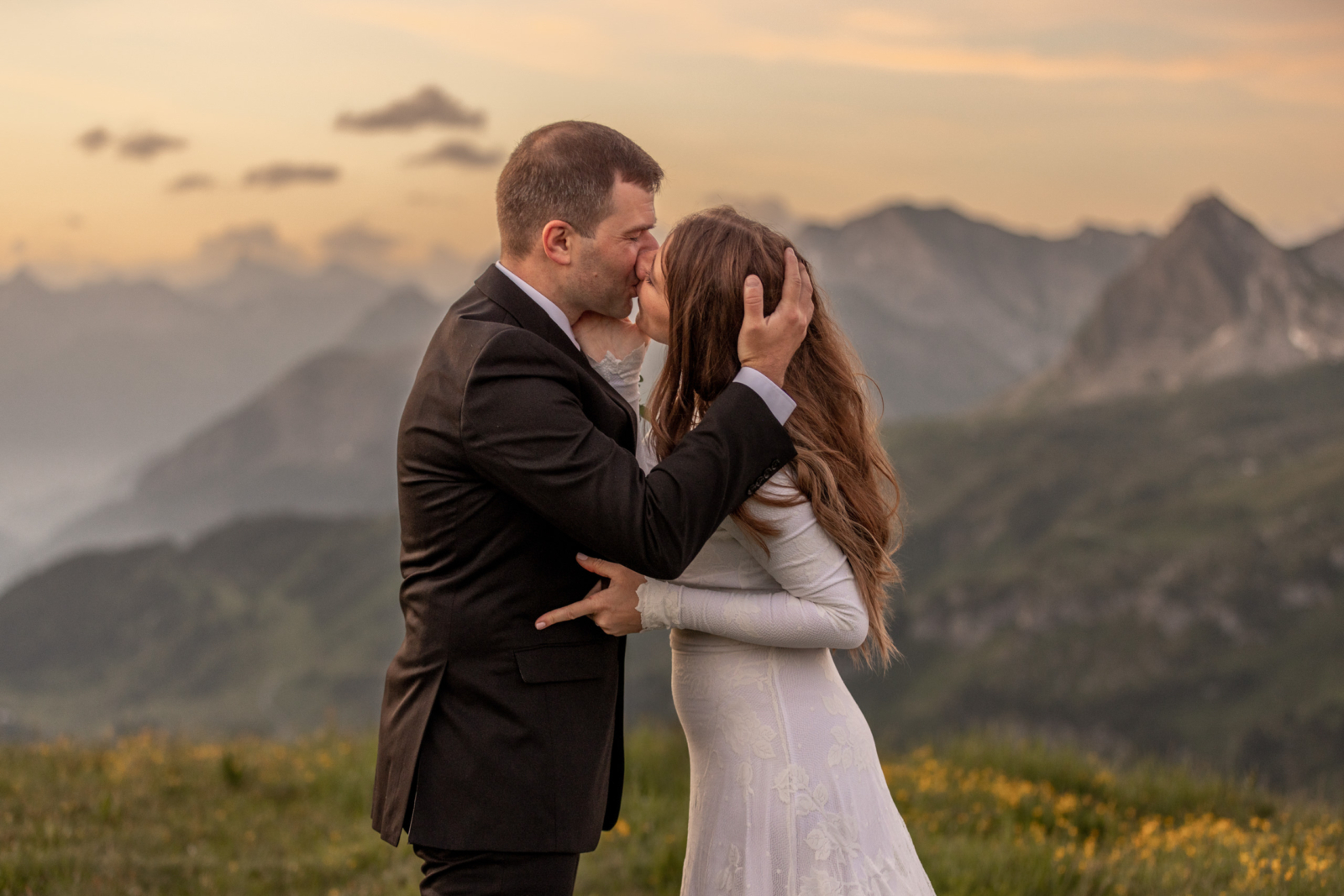 First Kiss at the mountain wedding in Austria