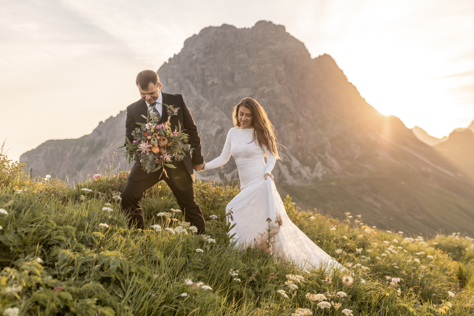 Wedding Photos with golden sunrise in the mountains