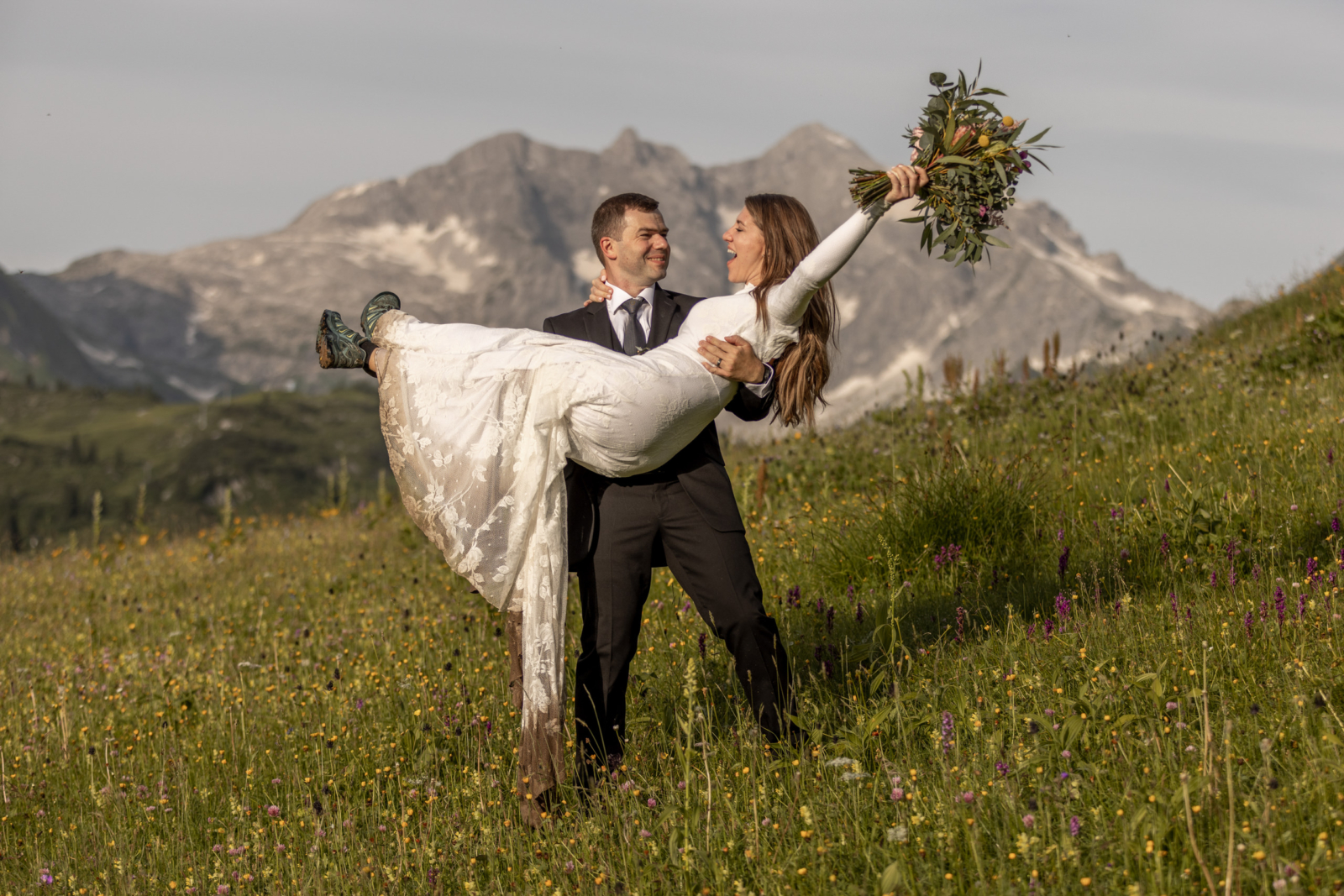 Romantic Wedding Amidst the Blooming Wildflowers in the Alps