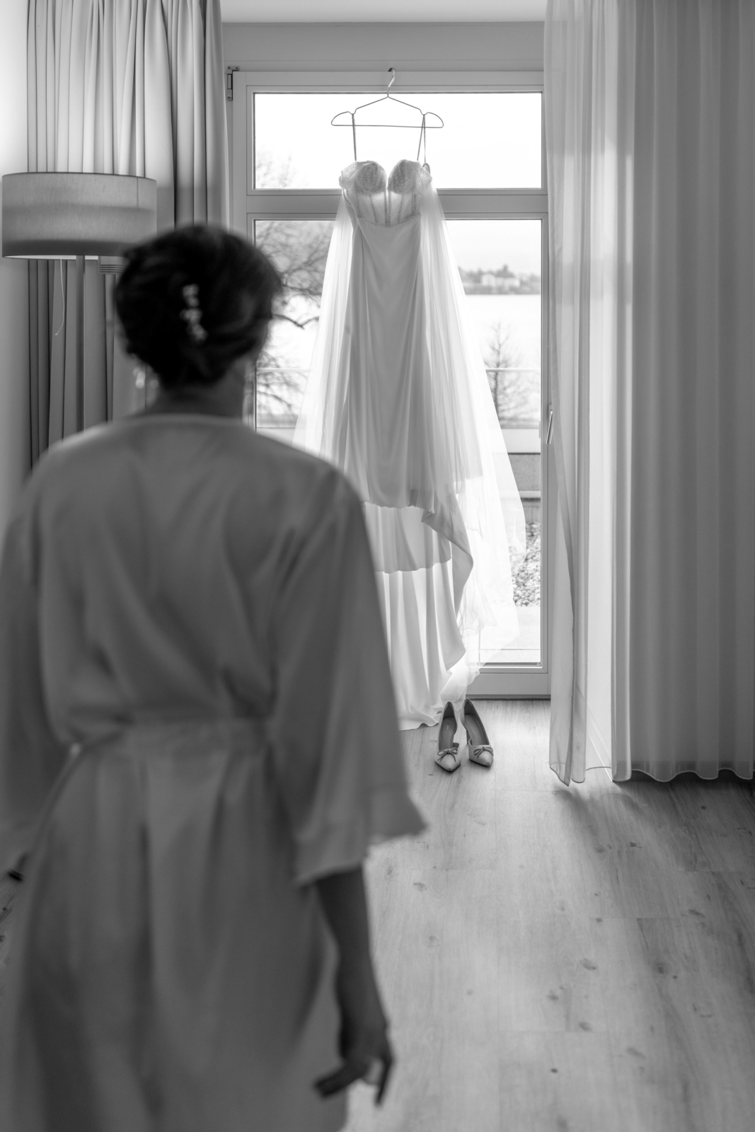 black and white photo, wedding dress