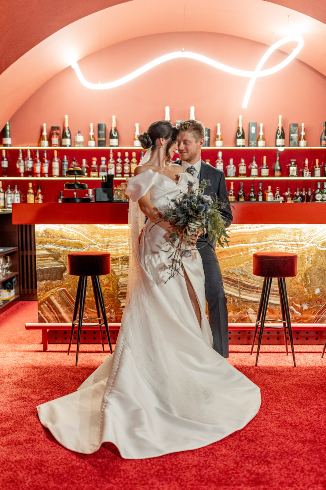 bridal photos in the red bar