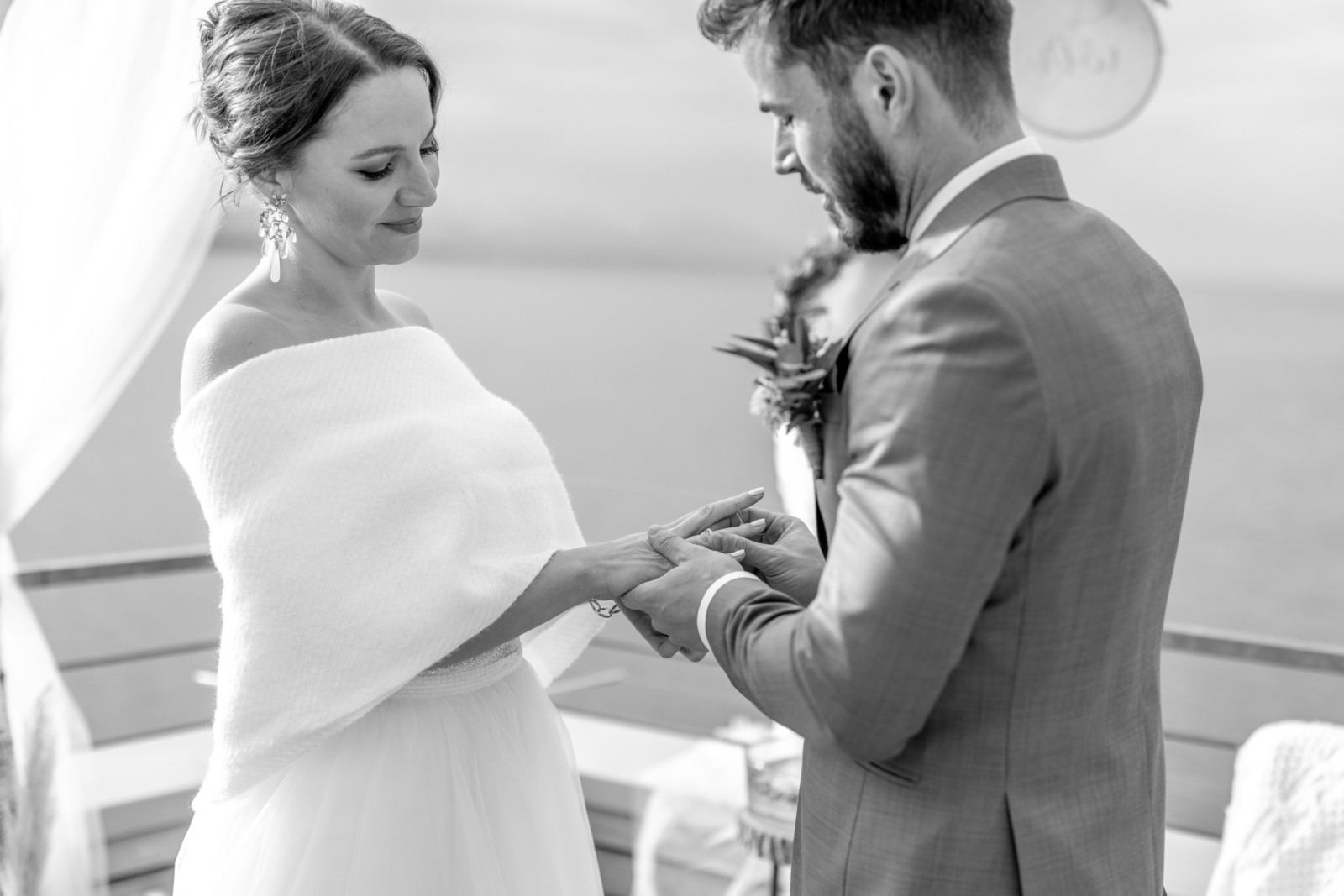outdoor wedding ceremony - black and white photo